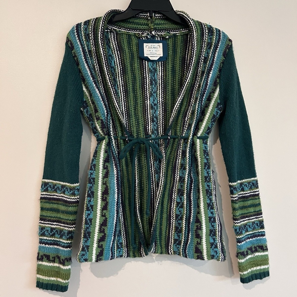 Old Navy Y2K Cardigan Sweater Sz S Lambs Wool Blend Boho Hippie Green Artsy